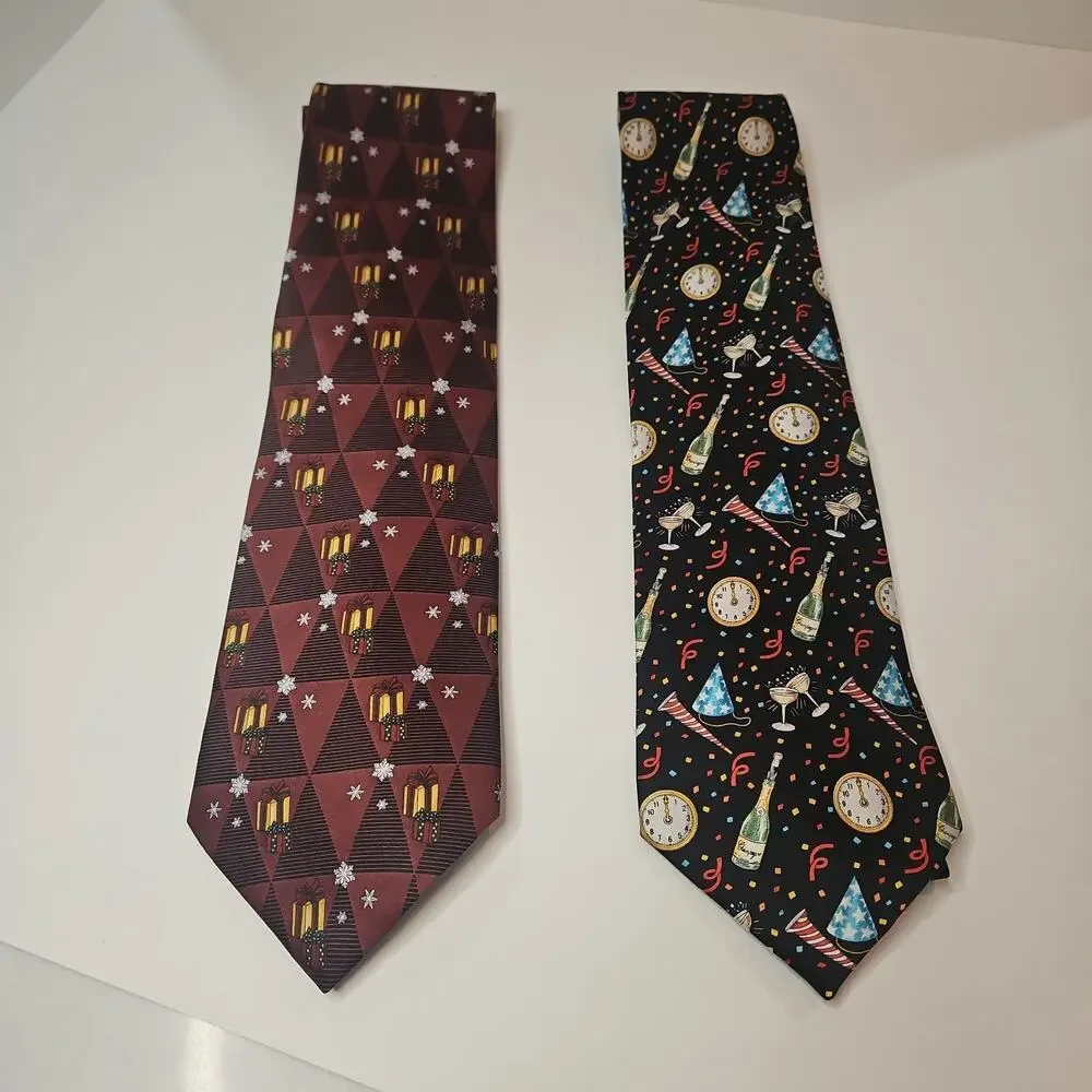 Lot of 2 Holiday Silk Neckties -Merry Christmas / Happy New Year Designs